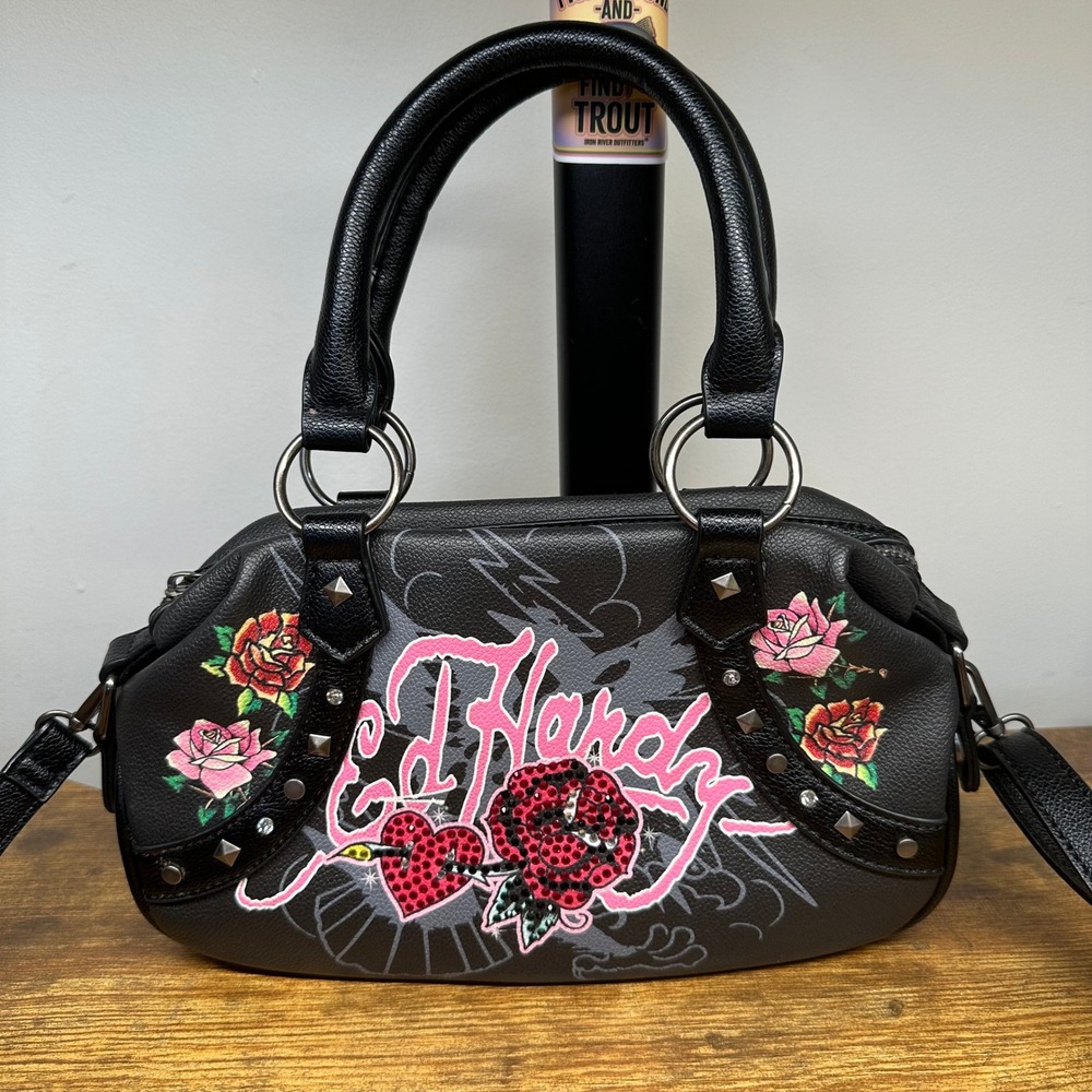 Ed Hardy Black Satchel Bag Tattoo Rose Rhinestone Heart Crossbody Purse Y2K